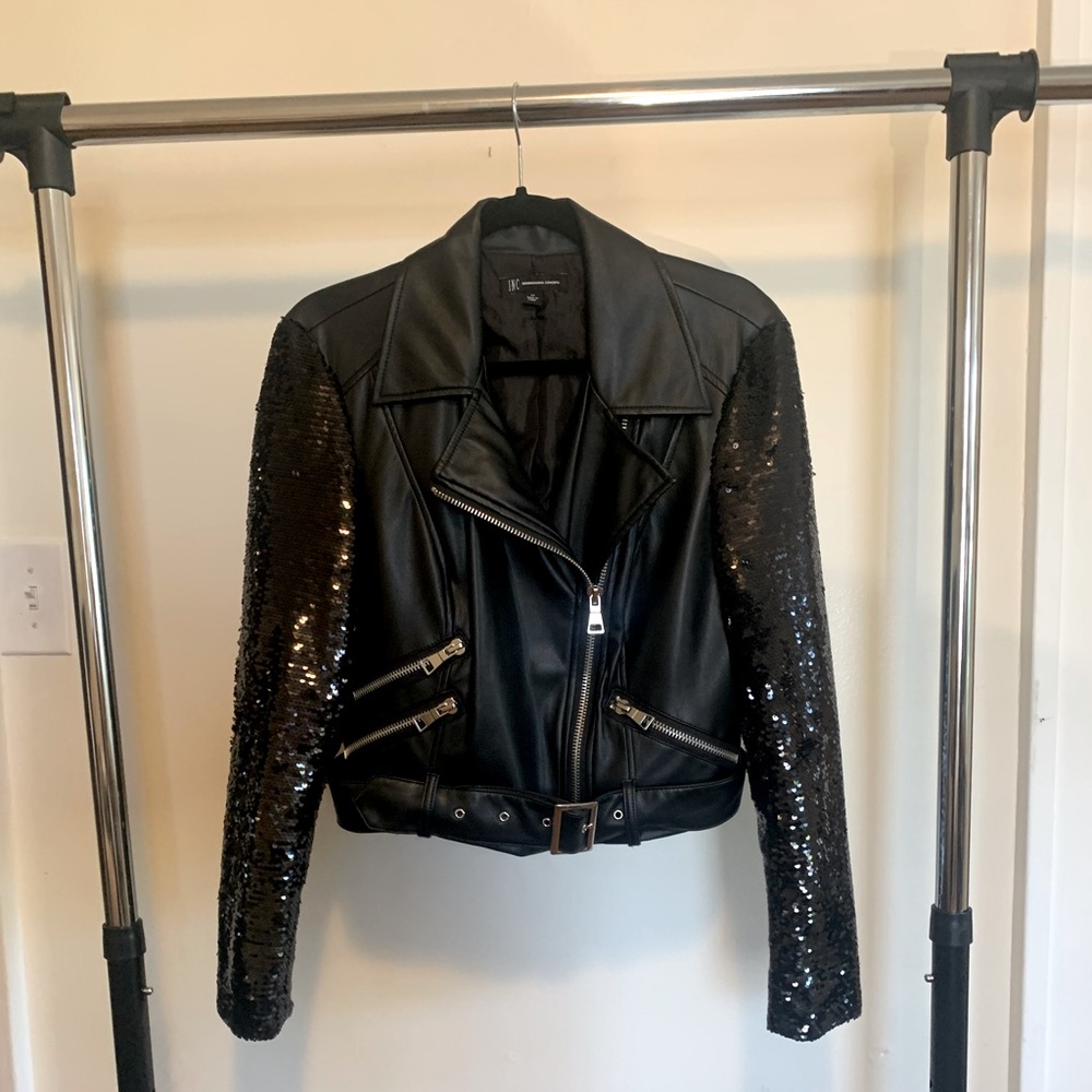 Black Sequin Leather Biker Jacket